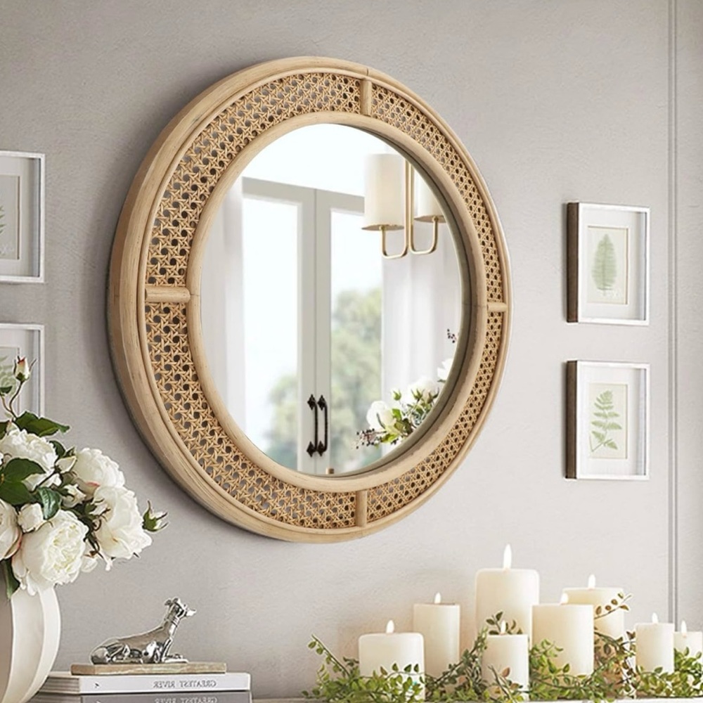 NEW West Elm Large Round Mirror Wicker Rattan Boho Wall Hanging Decor - 24” Diam - Picture 1 of 9